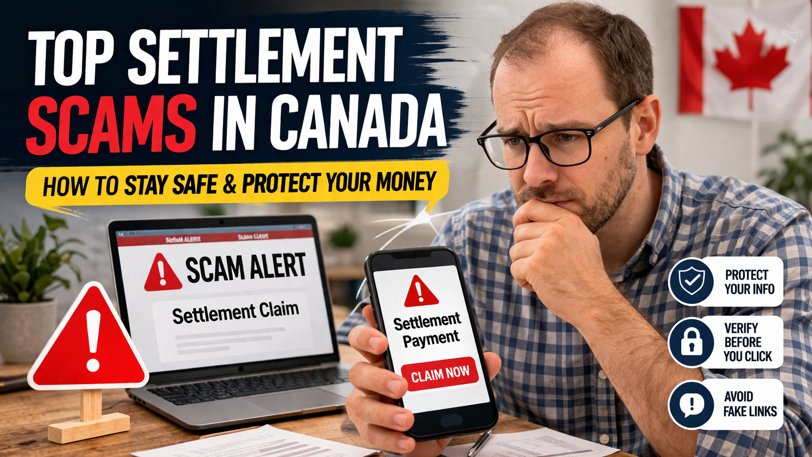 Canadian scam alert showing fake settlement message on phone