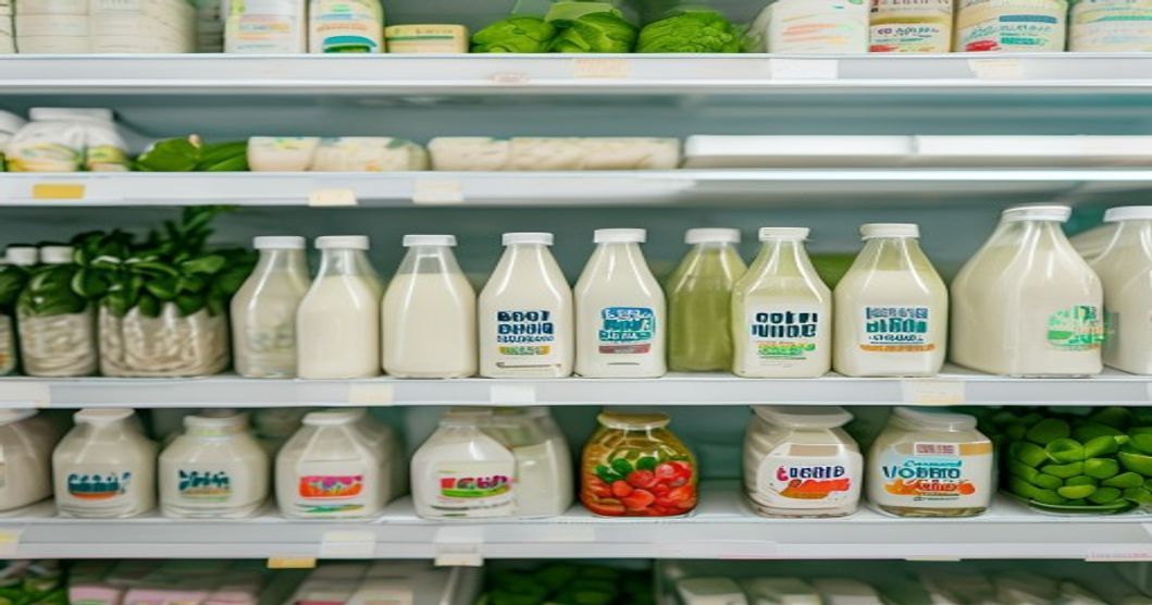 Refrigerated plant-based beverage cartons in a grocery store cooler aisle