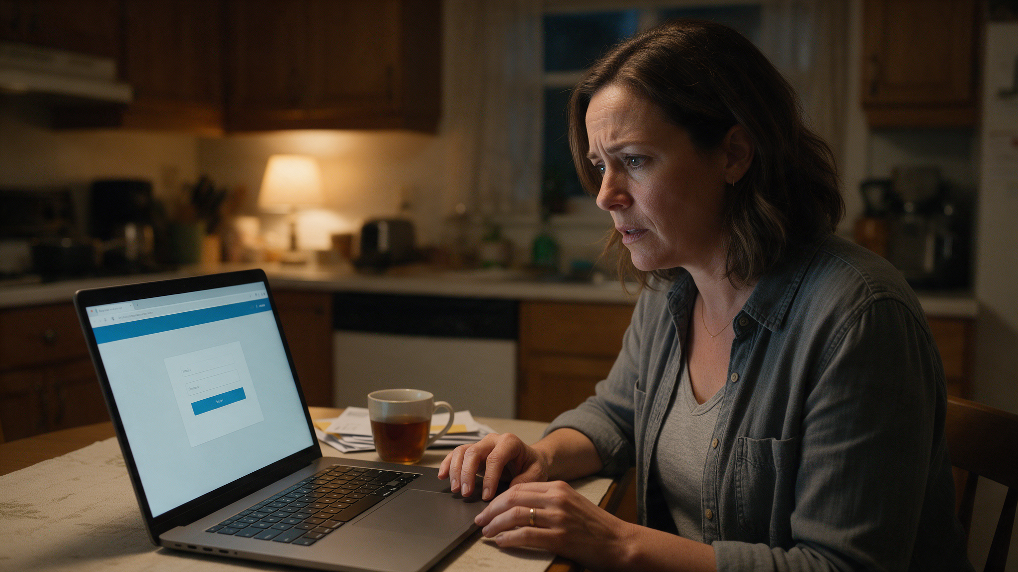 A woman sits at a kitchen table in the evening, looking concerned as she checks an online account on her laptop, with a mug of tea and a stack of paper mail beside her.