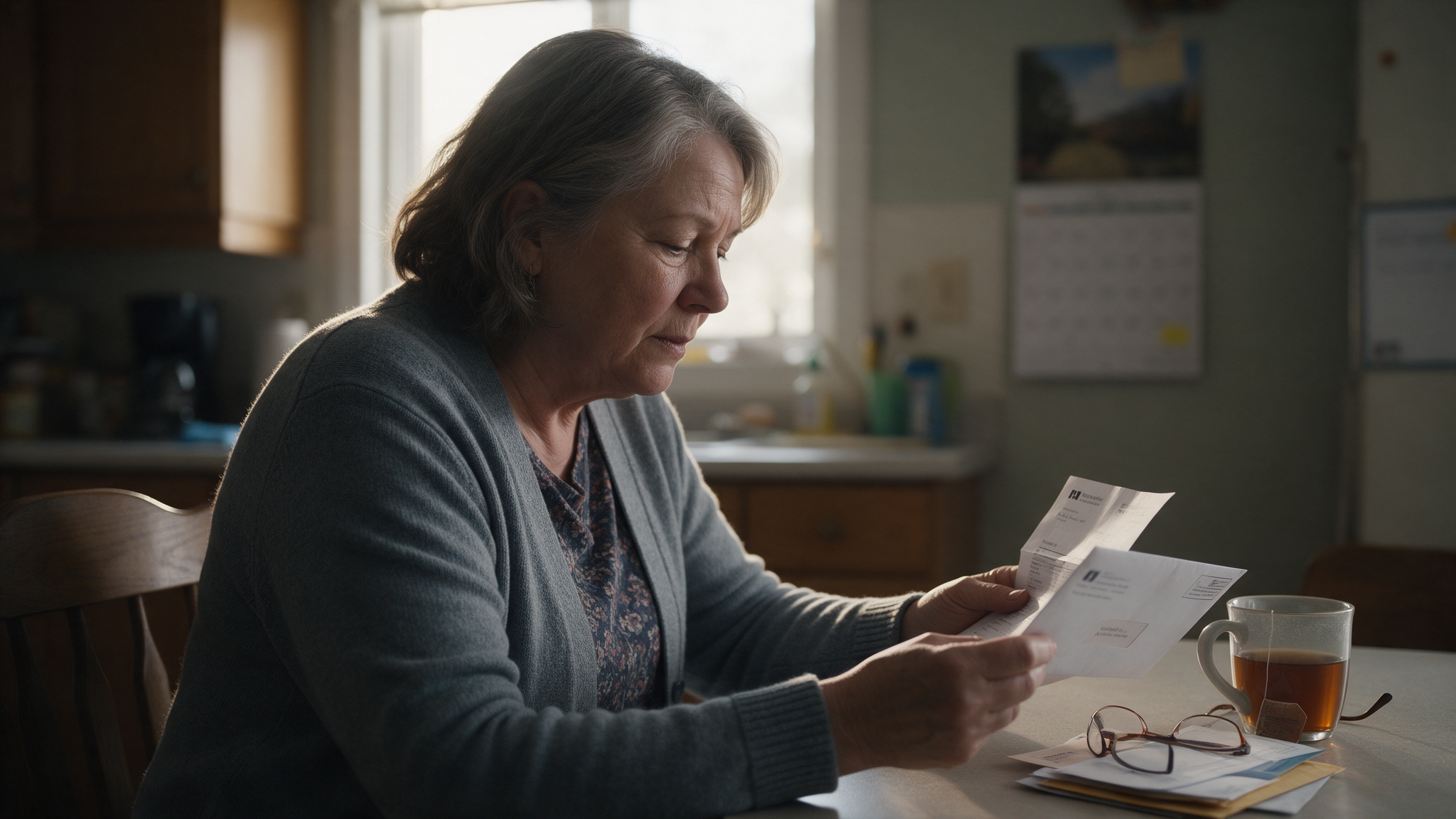 An older woman sits at a kitchen table in a Canadian home reading a bank statement and a government envelope, with a mug of tea and reading glasses beside her in warm morning light.