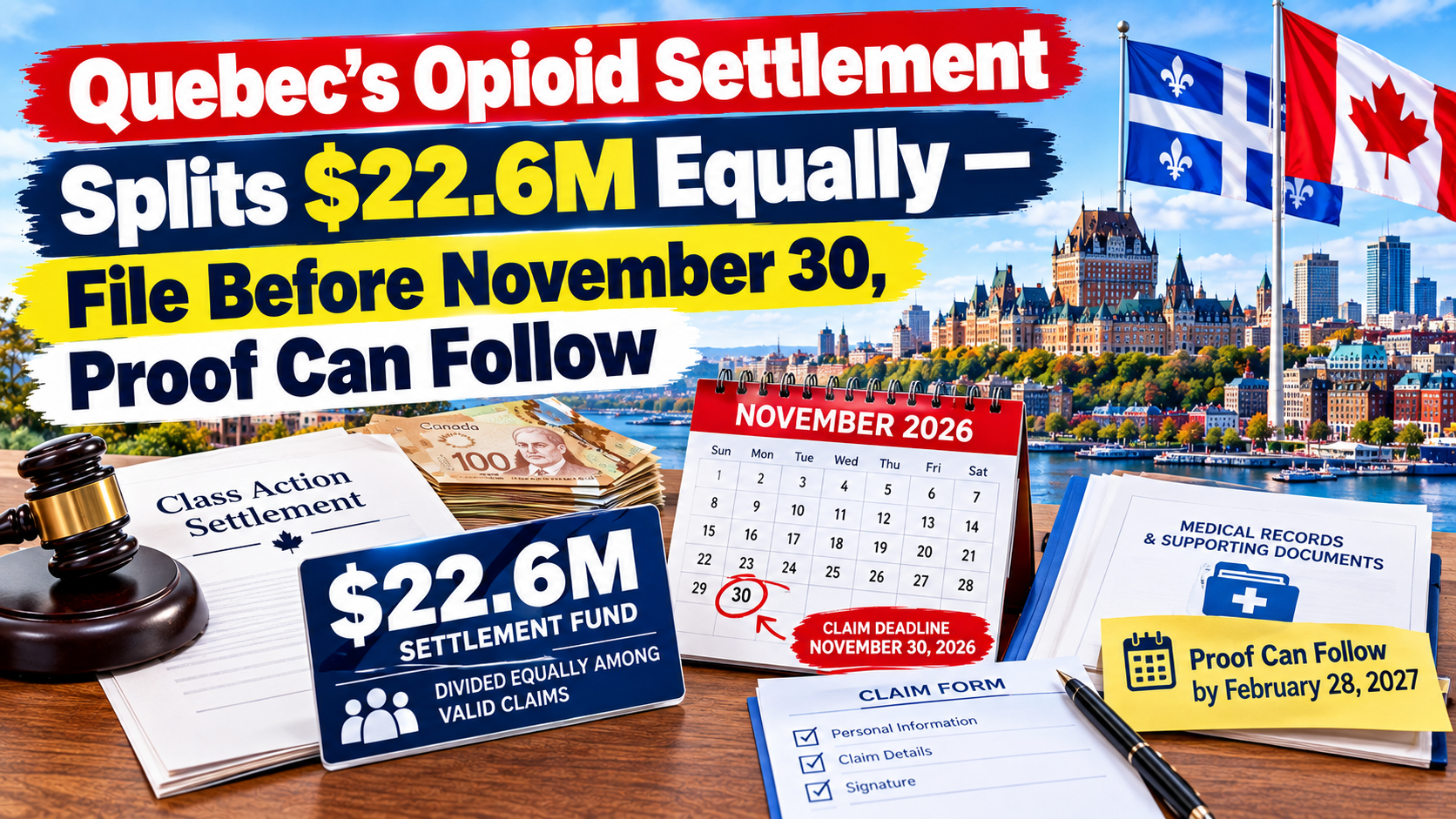 Quebec opioid settlement of $22.6 million split equally among claimants, deadline November 30