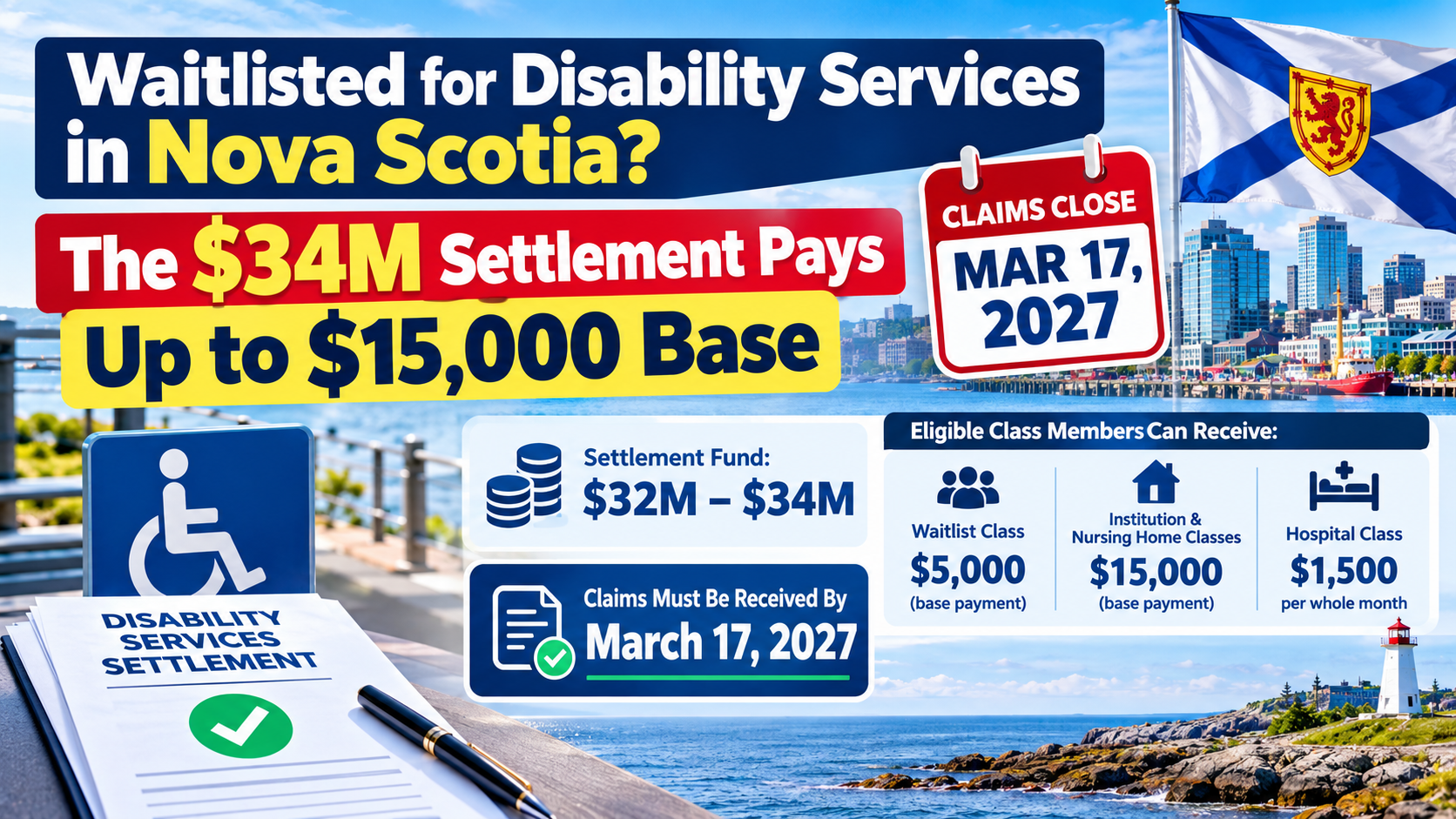 Nova Scotia disability services waitlist settlement: up to $15,000 base payments, claims close March 17, 2027